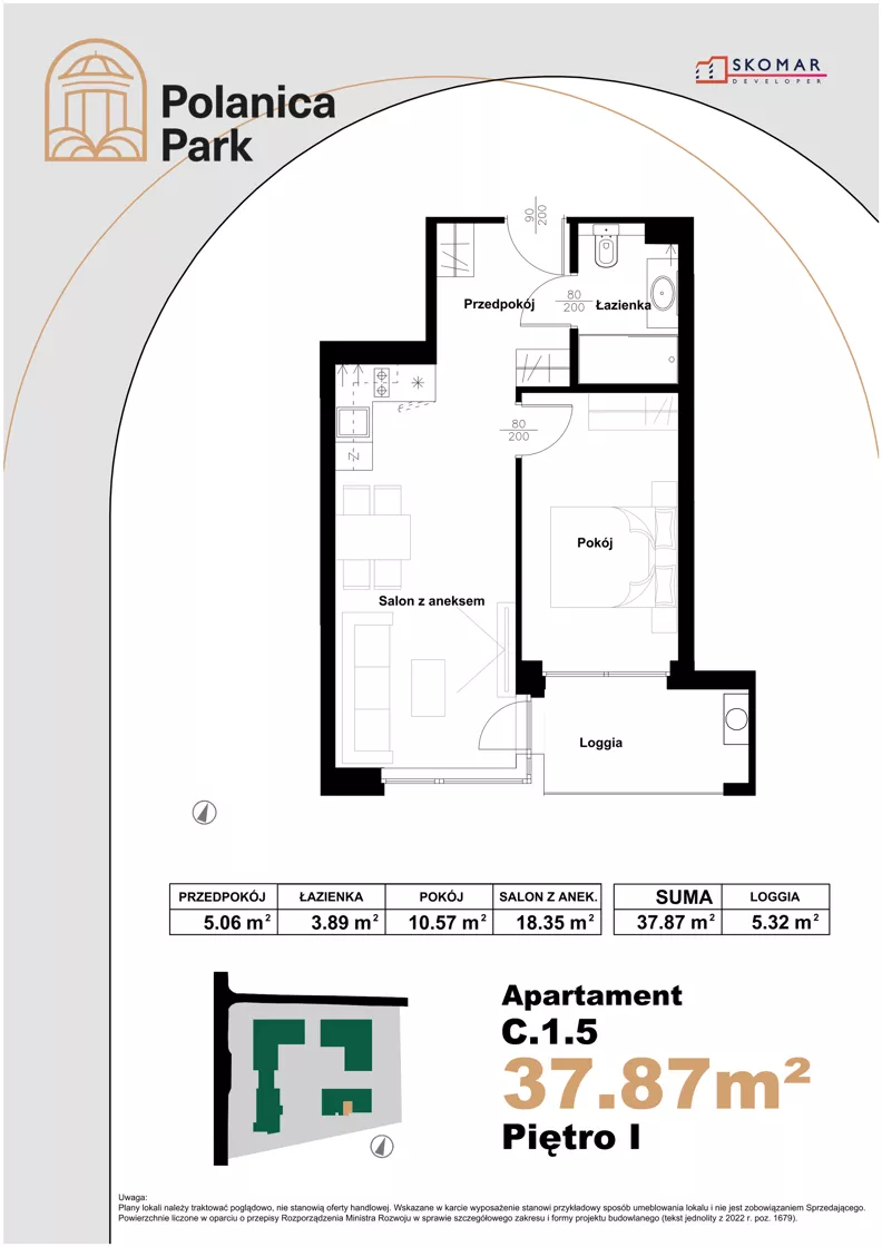 2 pokoje, apartament inwestycyjny 37,87 m², piętro 1, oferta nr 1.5, Polanica Park Apartamenty - etap III, Polanica-Zdrój, ul. Zdrojowa