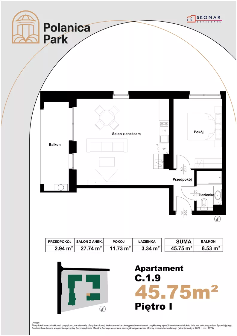 2 pokoje, apartament inwestycyjny 45,75 m², piętro 1, oferta nr 1.9, Polanica Park Apartamenty - etap III, Polanica-Zdrój, ul. Zdrojowa