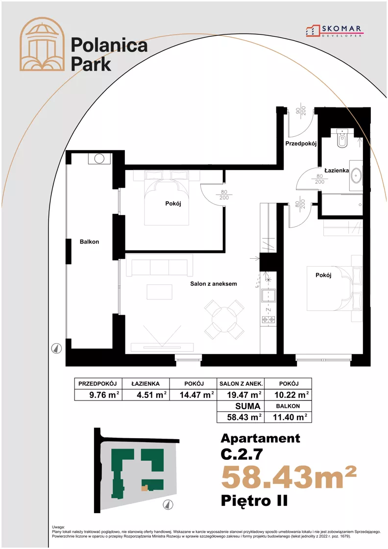 3 pokoje, apartament inwestycyjny 58,43 m², piętro 2, oferta nr 2.7, Polanica Park Apartamenty - etap III, Polanica-Zdrój, ul. Zdrojowa