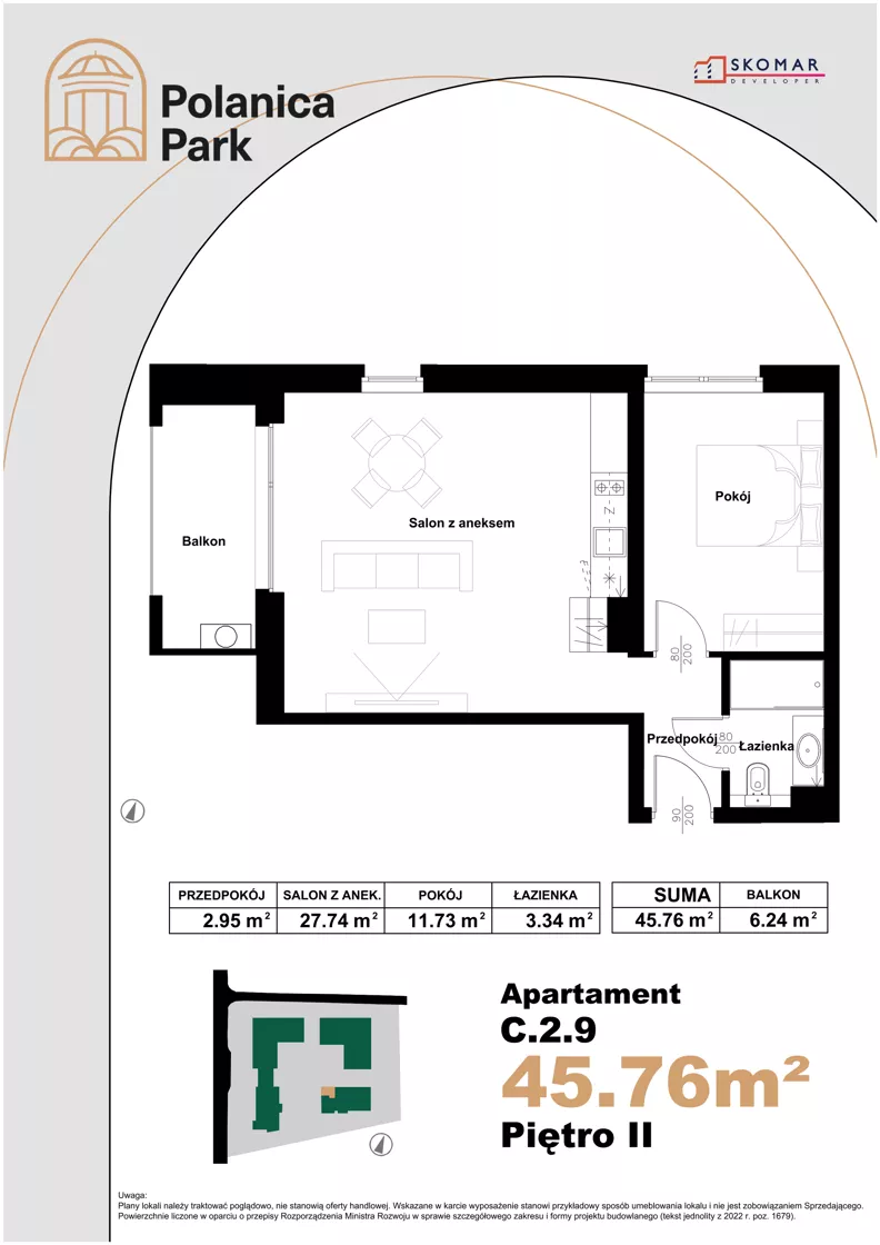 2 pokoje, apartament inwestycyjny 45,76 m², piętro 2, oferta nr 2.9, Polanica Park Apartamenty - etap III, Polanica-Zdrój, ul. Zdrojowa