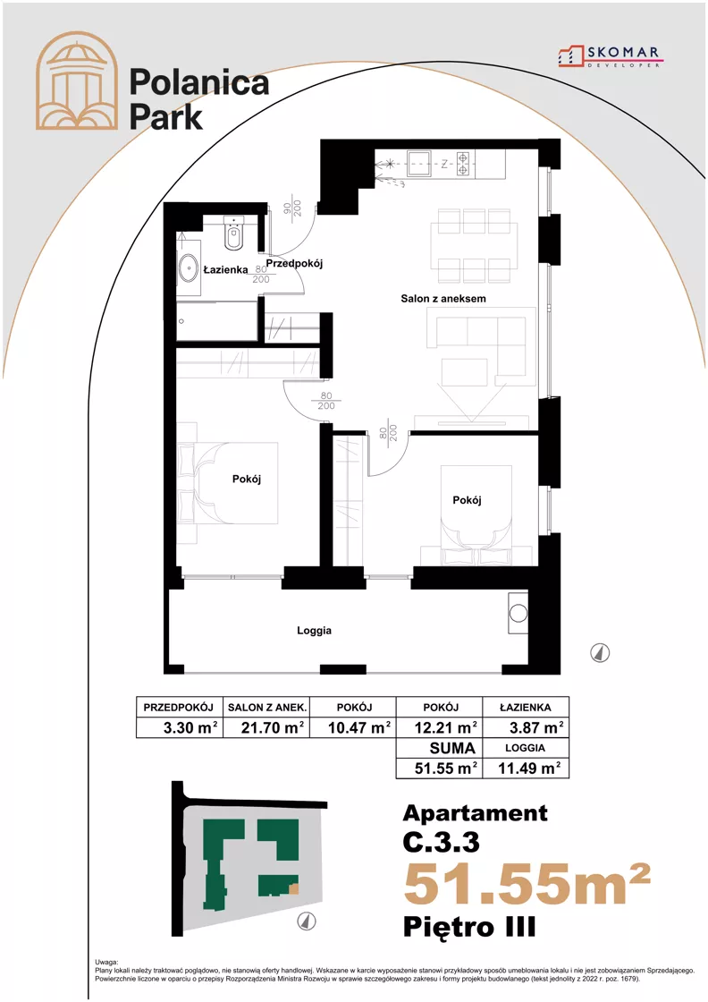 3 pokoje, apartament inwestycyjny 51,55 m², piętro 3, oferta nr 3.3, Polanica Park Apartamenty - etap III, Polanica-Zdrój, ul. Zdrojowa