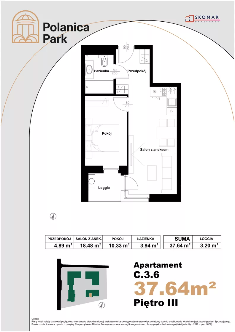 2 pokoje, apartament inwestycyjny 37,64 m², piętro 3, oferta nr 3.6, Polanica Park Apartamenty - etap III, Polanica-Zdrój, ul. Zdrojowa