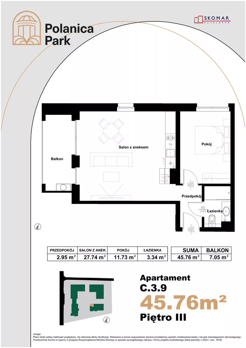 2 pokoje, apartament inwestycyjny 45,76 m², piętro 3, oferta nr 3.9, Polanica Park Apartamenty - etap III, Polanica-Zdrój, ul. Zdrojowa