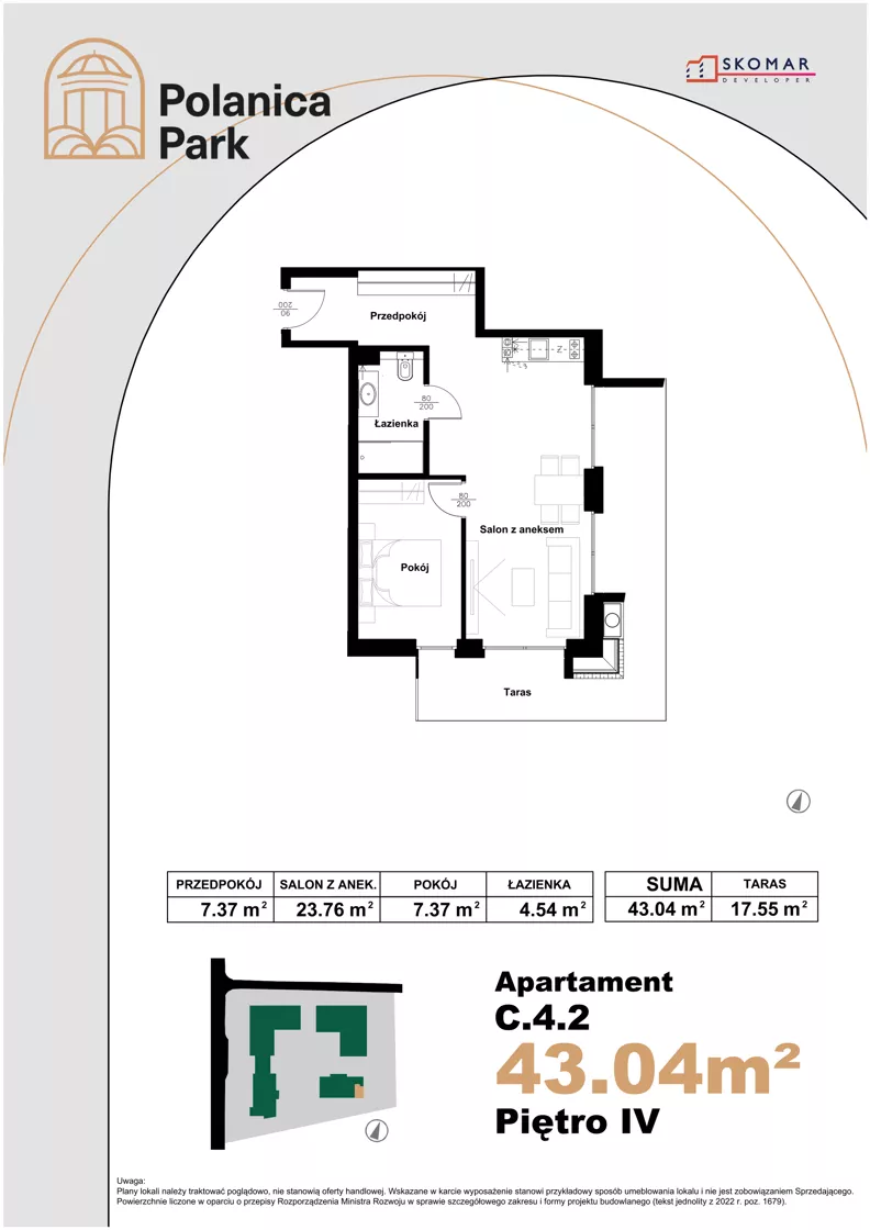 2 pokoje, apartament inwestycyjny 43,04 m², piętro 4, oferta nr 4.2, Polanica Park Apartamenty - etap III, Polanica-Zdrój, ul. Zdrojowa