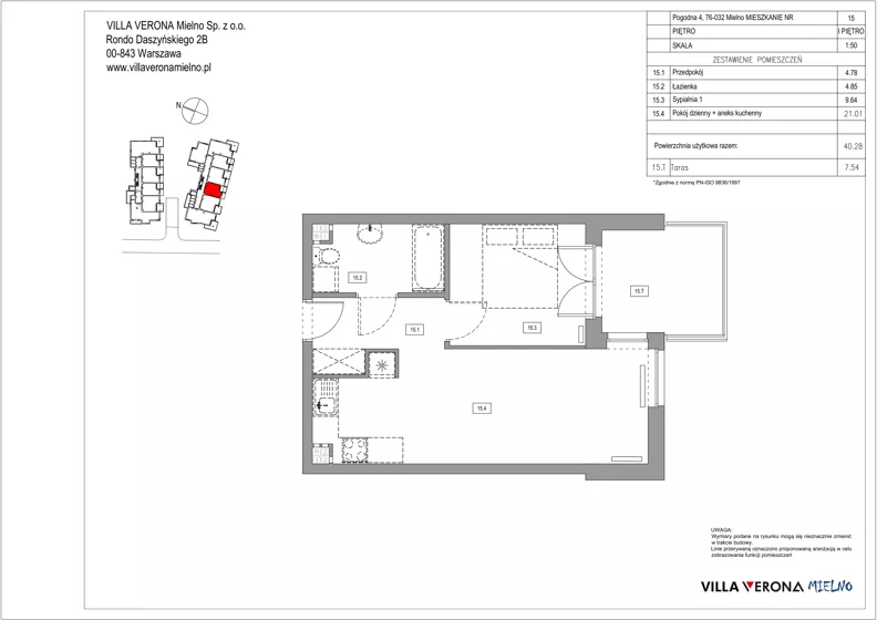 2 pokoje, apartament 40,28 m², piętro 1, oferta nr B15, Villa Verona Mielno, Mielno, ul. Pogodna 4A