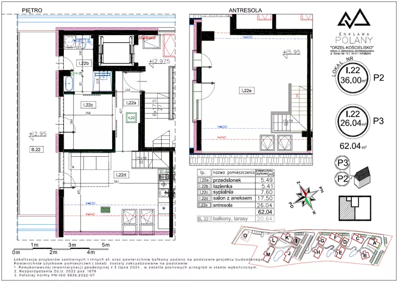 3 pokoje, apartament inwestycyjny 62,04 m², piętro 1, oferta nr I.22, Enklawa Polany, Kościelisko, ul. Chotarz Bór 14 A-M