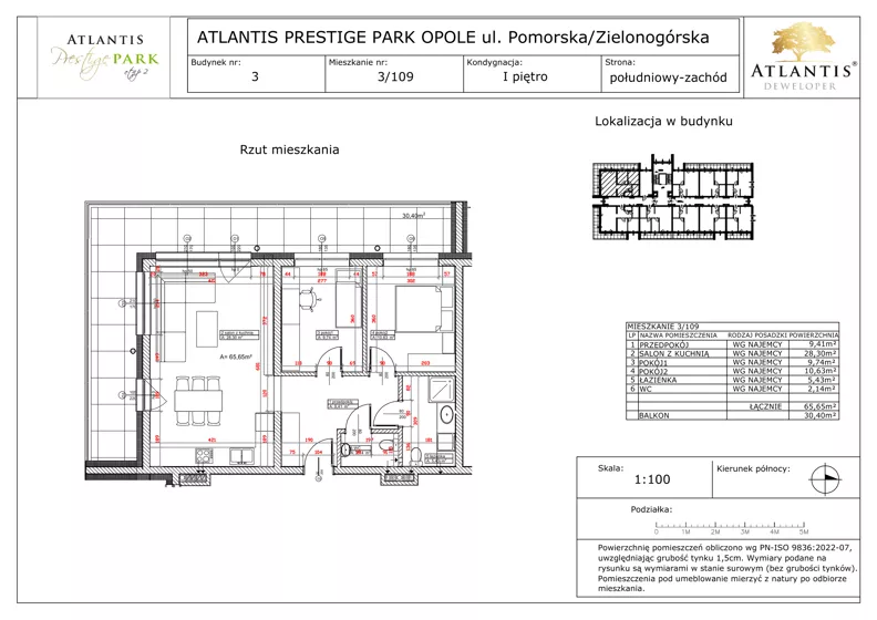 3 pokoje, apartament 65,65 m², piętro 1, oferta nr B3/1/109, Atlantis Prestige Park, Opole, Malinka, ul. Pomorska / Zielonogórska