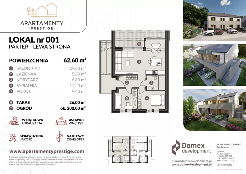 3 pokoje, apartament 62,60 m², parter, oferta nr B1.2/1, Apartamenty Prestige, Krapkowice, ul. Platanowa