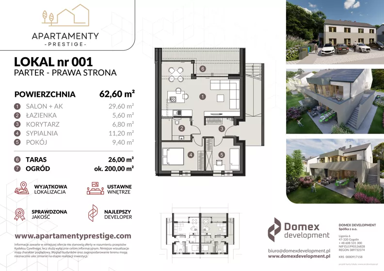 3 pokoje, apartament 62,60 m², parter, oferta nr B1.1/1, Apartamenty Prestige, Krapkowice, ul. Platanowa