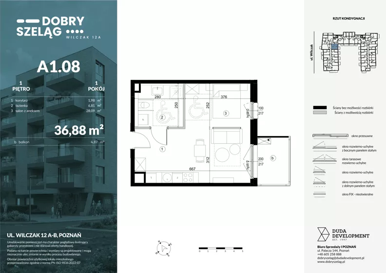 1 pokój, mieszkanie 36,88 m², piętro 1, oferta nr A1.08, Dobry Szeląg, Poznań, Winogrady, Winogrady, ul. Wilczak 12A