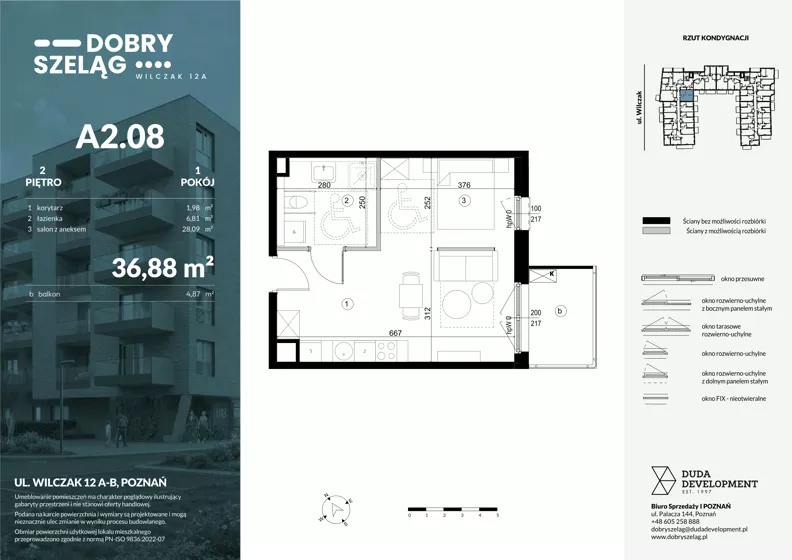 1 pokój, mieszkanie 36,88 m², piętro 2, oferta nr A2.08, Dobry Szeląg, Poznań, Winogrady, Winogrady, ul. Wilczak 12A