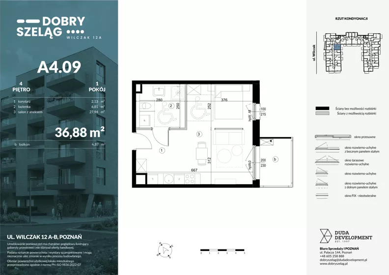 1 pokój, mieszkanie 36,88 m², piętro 4, oferta nr A4.09, Dobry Szeląg, Poznań, Winogrady, Winogrady, ul. Wilczak 12A