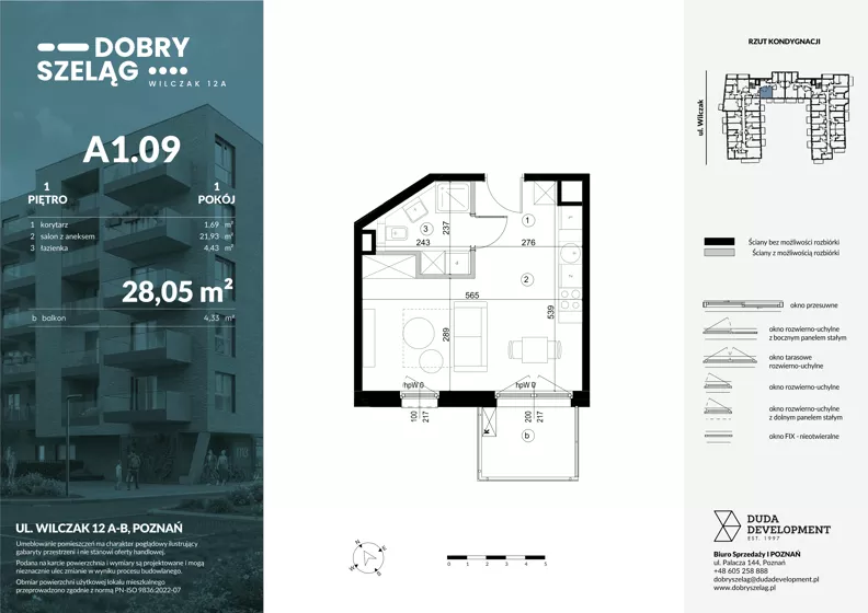 1 pokój, mieszkanie 28,05 m², piętro 1, oferta nr A1.09, Dobry Szeląg, Poznań, Winogrady, Winogrady, ul. Wilczak 12A