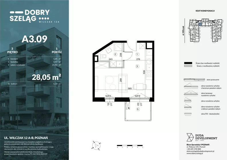 1 pokój, mieszkanie 28,05 m², piętro 3, oferta nr A3.09, Dobry Szeląg, Poznań, Winogrady, Winogrady, ul. Wilczak 12A