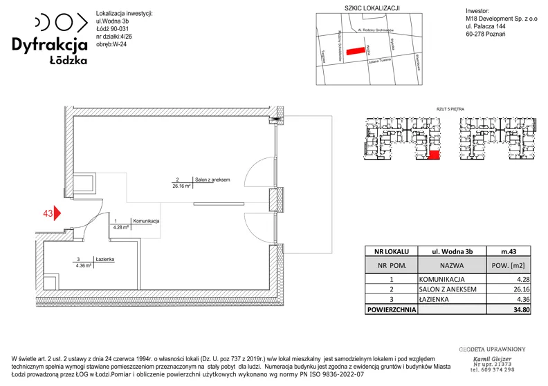 1 pokój, mieszkanie 34,80 m², piętro 5, oferta nr C152, Dyfrakcja Łódzka, Łódź, Widzew, ul. Wodna 3