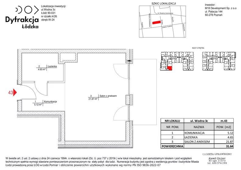 1 pokój, mieszkanie 31,64 m², piętro 5, oferta nr D197, Dyfrakcja Łódzka, Łódź, Widzew, ul. Wodna 3