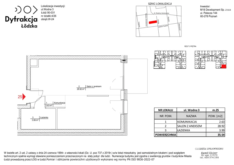 1 pokój, mieszkanie 35,54 m², piętro 3, oferta nr A025, Dyfrakcja Łódzka, Łódź, Widzew, ul. Wodna 3