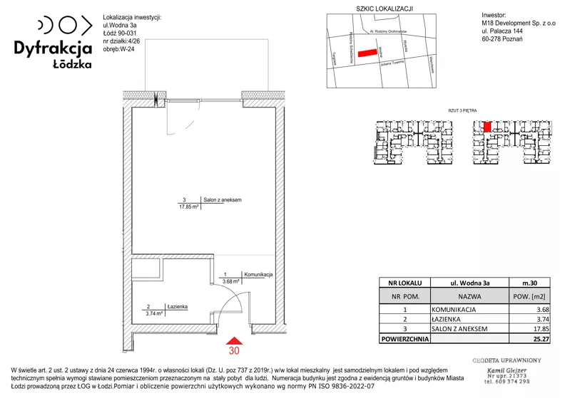 1 pokój, mieszkanie 25,27 m², piętro 3, oferta nr B078, Dyfrakcja Łódzka, Łódź, Widzew, ul. Wodna 3