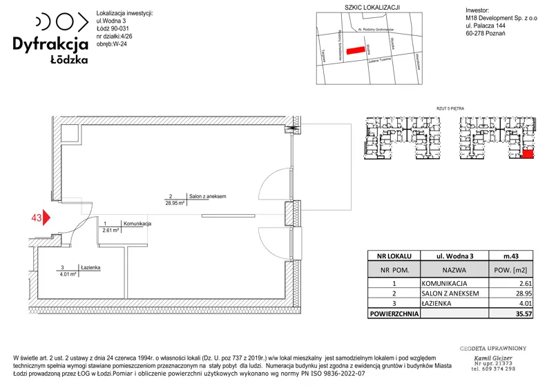 1 pokój, mieszkanie 35,57 m², piętro 5, oferta nr A043, Dyfrakcja Łódzka, Łódź, Widzew, ul. Wodna 3