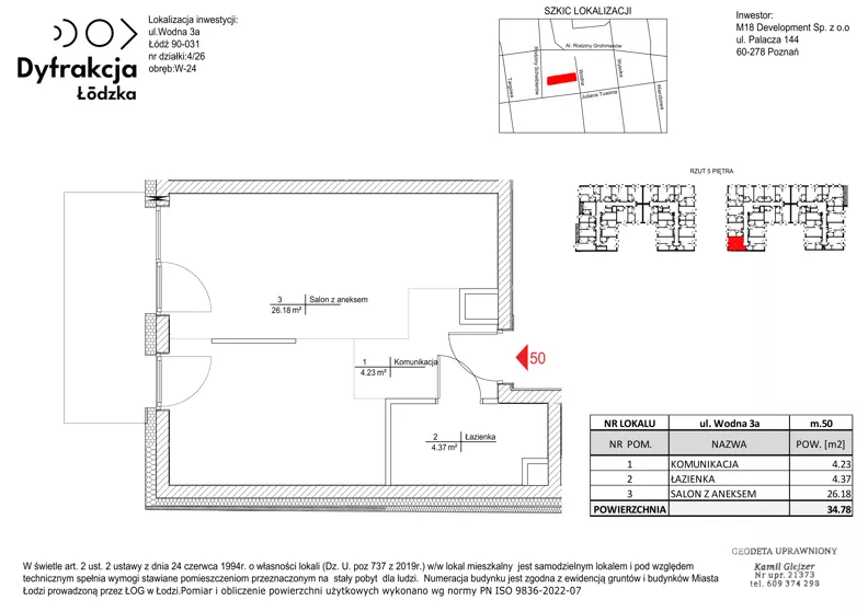 1 pokój, mieszkanie 34,78 m², piętro 5, oferta nr B098, Dyfrakcja Łódzka, Łódź, Widzew, ul. Wodna 3