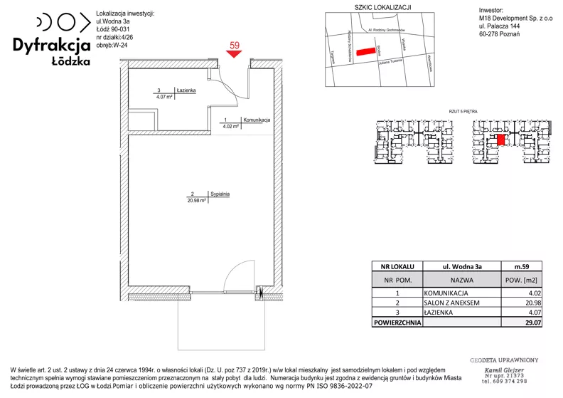 1 pokój, mieszkanie 29,07 m², piętro 5, oferta nr B107, Dyfrakcja Łódzka, Łódź, Widzew, ul. Wodna 3