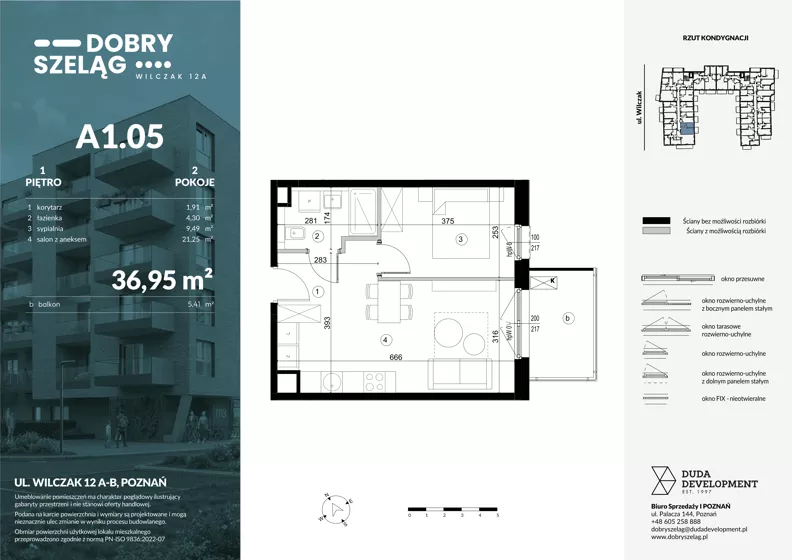 2 pokoje, mieszkanie 36,95 m², piętro 1, oferta nr A1.05, Dobry Szeląg, Poznań, Winogrady, Winogrady, ul. Wilczak 12A