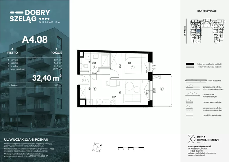 2 pokoje, mieszkanie 32,40 m², piętro 4, oferta nr A4.08, Dobry Szeląg, Poznań, Winogrady, Winogrady, ul. Wilczak 12A