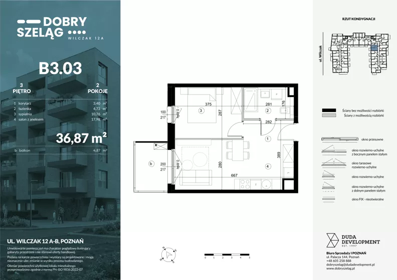 2 pokoje, mieszkanie 36,87 m², piętro 3, oferta nr B3.03, Dobry Szeląg, Poznań, Winogrady, Winogrady, ul. Wilczak 12A