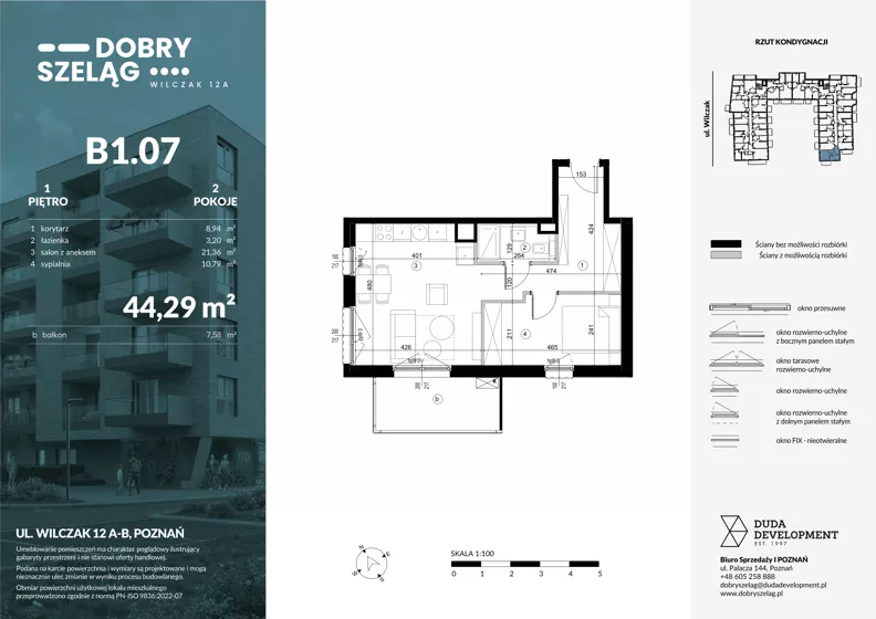 2 pokoje, mieszkanie 44,29 m², piętro 1, oferta nr B1.07, Dobry Szeląg, Poznań, Winogrady, Winogrady, ul. Wilczak 12A