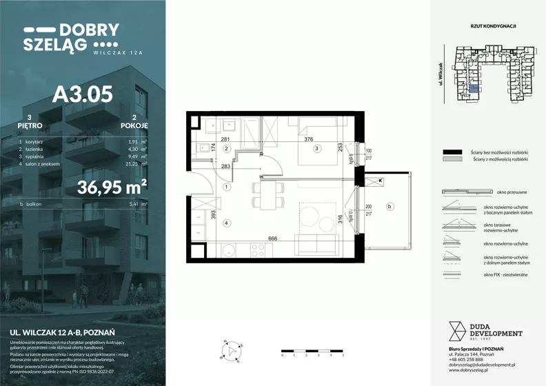 2 pokoje, mieszkanie 36,95 m², piętro 3, oferta nr A3.05, Dobry Szeląg, Poznań, Winogrady, Winogrady, ul. Wilczak 12A