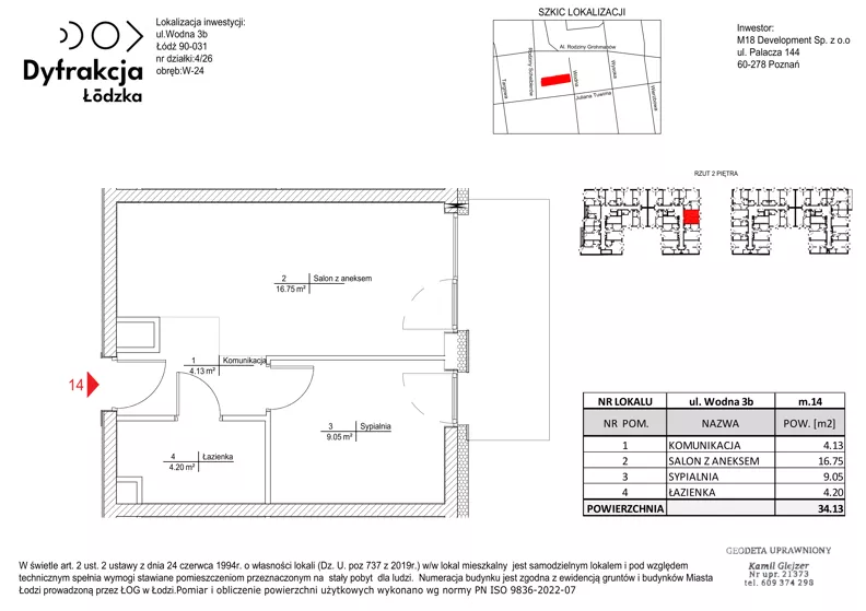 2 pokoje, mieszkanie 34,13 m², piętro 2, oferta nr C123, Dyfrakcja Łódzka, Łódź, Widzew, ul. Wodna 3