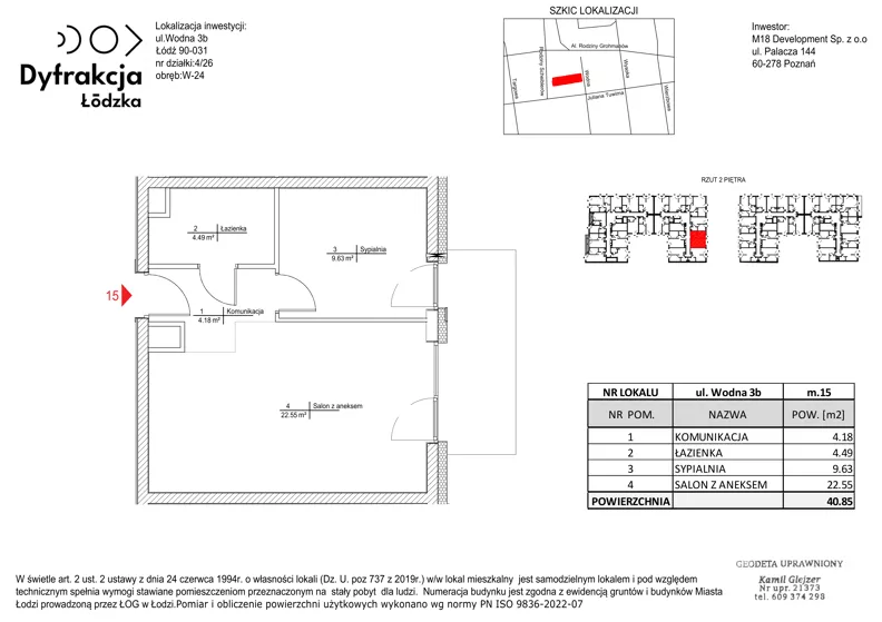 2 pokoje, mieszkanie 40,85 m², piętro 2, oferta nr C124, Dyfrakcja Łódzka, Łódź, Widzew, ul. Wodna 3