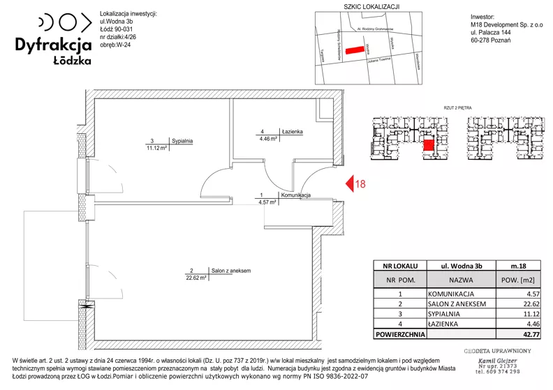 2 pokoje, mieszkanie 42,77 m², piętro 2, oferta nr C127, Dyfrakcja Łódzka, Łódź, Widzew, ul. Wodna 3