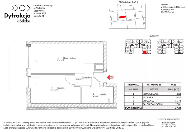 2 pokoje, mieszkanie 37,20 m², piętro 3, oferta nr C135, Dyfrakcja Łódzka, Łódź, Widzew, ul. Wodna 3