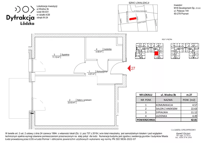 2 pokoje, mieszkanie 42,81 m², piętro 3, oferta nr C136, Dyfrakcja Łódzka, Łódź, Widzew, ul. Wodna 3