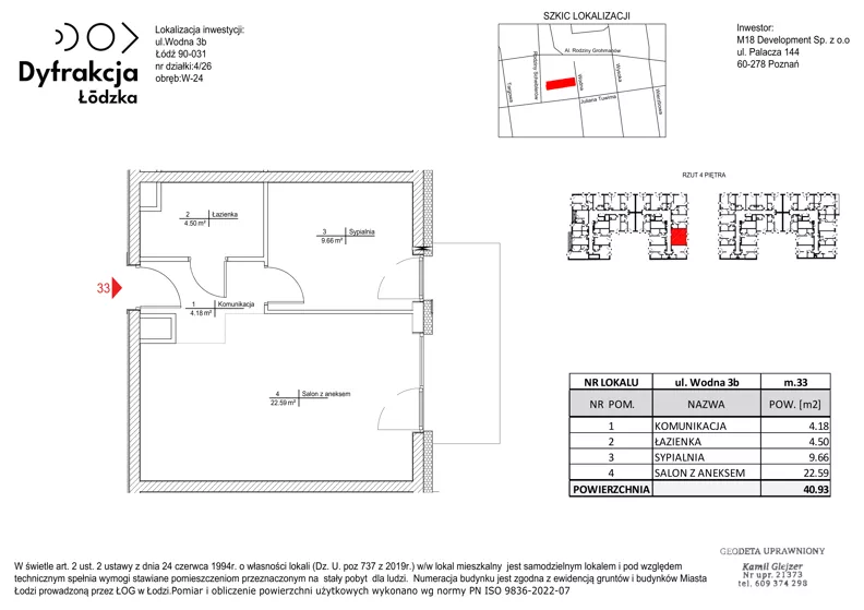 2 pokoje, mieszkanie 40,93 m², piętro 4, oferta nr C142, Dyfrakcja Łódzka, Łódź, Widzew, ul. Wodna 3