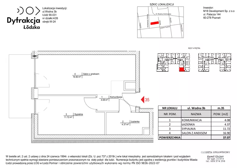 2 pokoje, mieszkanie 37,07 m², piętro 4, oferta nr C144, Dyfrakcja Łódzka, Łódź, Widzew, ul. Wodna 3