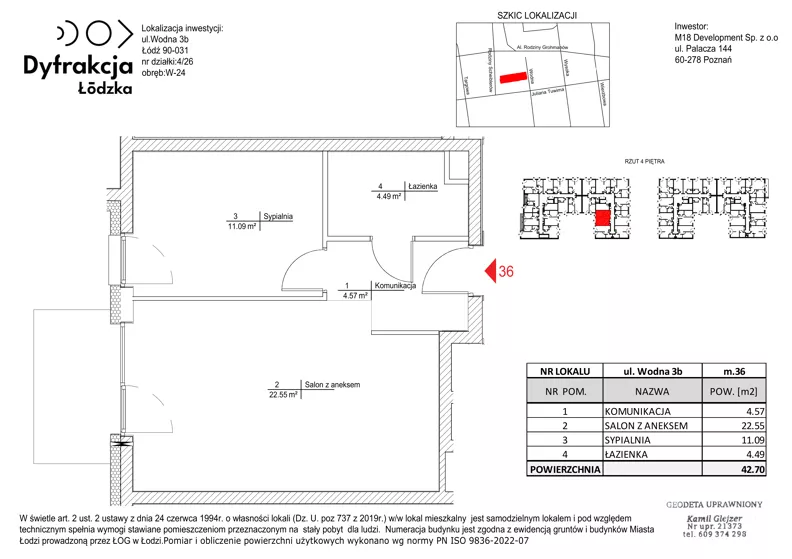 2 pokoje, mieszkanie 42,70 m², piętro 4, oferta nr C145, Dyfrakcja Łódzka, Łódź, Widzew, ul. Wodna 3