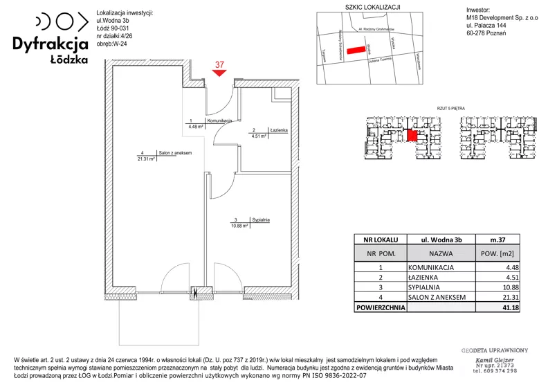 2 pokoje, mieszkanie 41,18 m², piętro 5, oferta nr C146, Dyfrakcja Łódzka, Łódź, Widzew, ul. Wodna 3