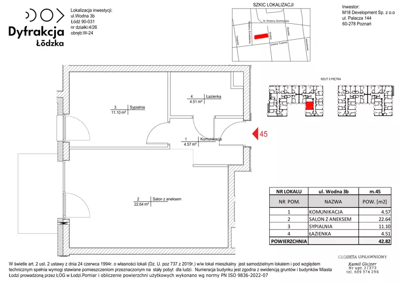 2 pokoje, mieszkanie 42,82 m², piętro 5, oferta nr C154, Dyfrakcja Łódzka, Łódź, Widzew, ul. Wodna 3