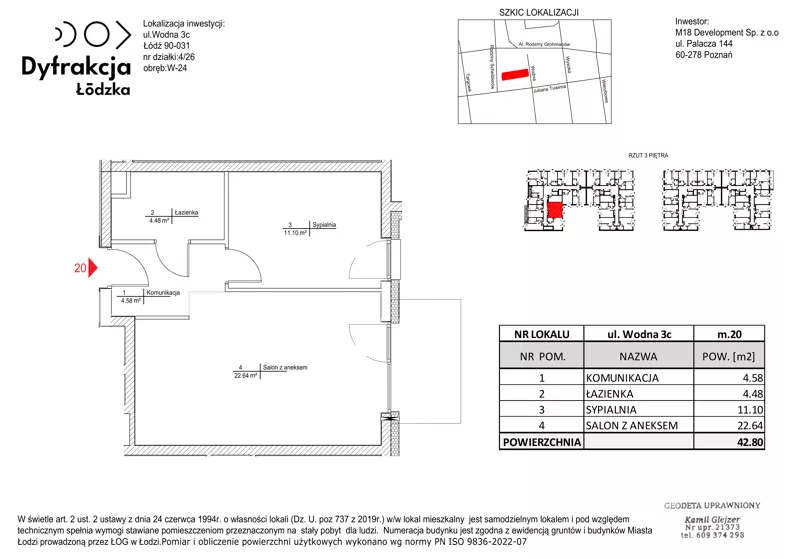 2 pokoje, mieszkanie 42,80 m², piętro 3, oferta nr D174, Dyfrakcja Łódzka, Łódź, Widzew, ul. Wodna 3