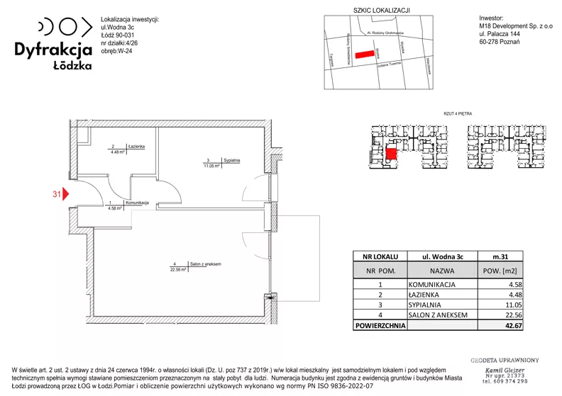 2 pokoje, mieszkanie 42,67 m², piętro 4, oferta nr D185, Dyfrakcja Łódzka, Łódź, Widzew, ul. Wodna 3