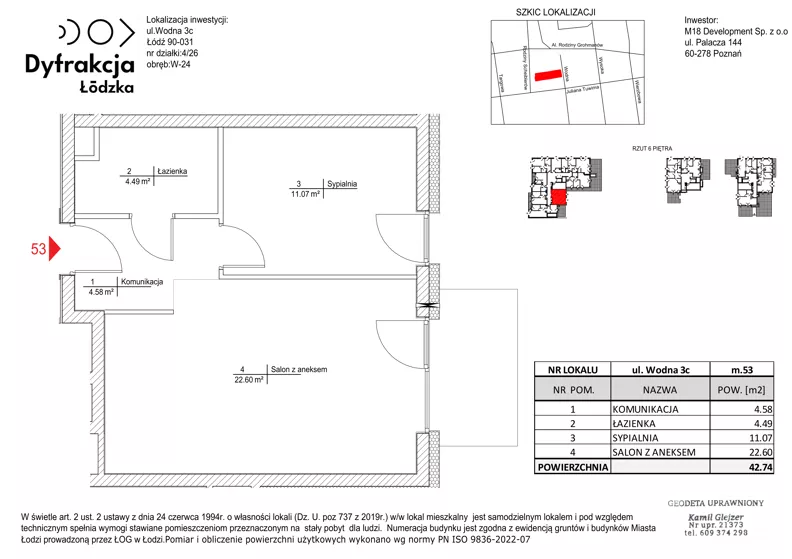 2 pokoje, mieszkanie 42,74 m², piętro 6, oferta nr D207, Dyfrakcja Łódzka, Łódź, Widzew, ul. Wodna 3