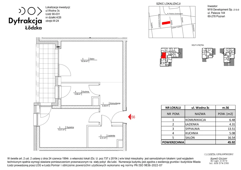 2 pokoje, mieszkanie 45,92 m², piętro 6, oferta nr D210, Dyfrakcja Łódzka, Łódź, Widzew, ul. Wodna 3