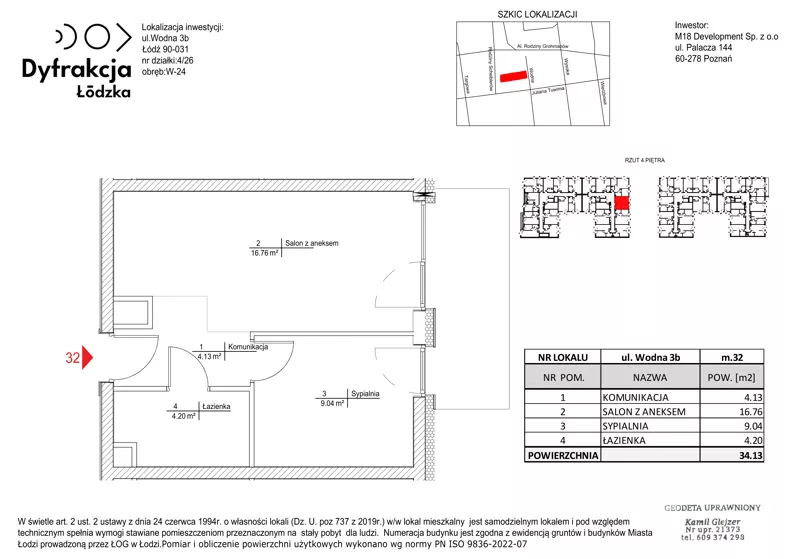 2 pokoje, mieszkanie 34,13 m², piętro 4, oferta nr C141, Dyfrakcja Łódzka, Łódź, Widzew, ul. Wodna 3