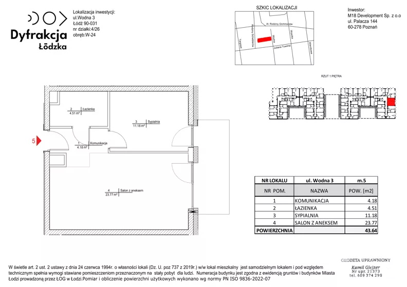 2 pokoje, mieszkanie 43,64 m², piętro 1, oferta nr A005, Dyfrakcja Łódzka, Łódź, Widzew, ul. Wodna 3