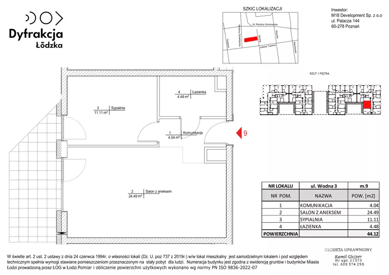 2 pokoje, mieszkanie 44,12 m², piętro 1, oferta nr A009, Dyfrakcja Łódzka, Łódź, Widzew, ul. Wodna 3