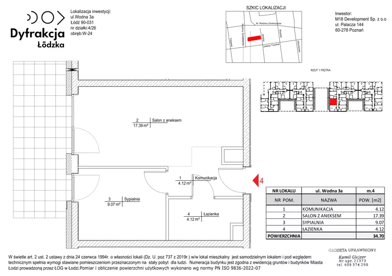 2 pokoje, mieszkanie 34,70 m², piętro 1, oferta nr B052, Dyfrakcja Łódzka, Łódź, Widzew, ul. Wodna 3