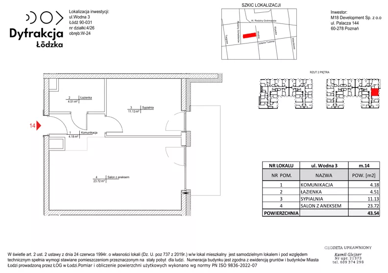 2 pokoje, mieszkanie 43,54 m², piętro 2, oferta nr A014, Dyfrakcja Łódzka, Łódź, Widzew, ul. Wodna 3