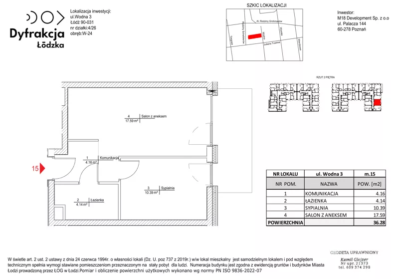 2 pokoje, mieszkanie 36,28 m², piętro 2, oferta nr A015, Dyfrakcja Łódzka, Łódź, Widzew, ul. Wodna 3